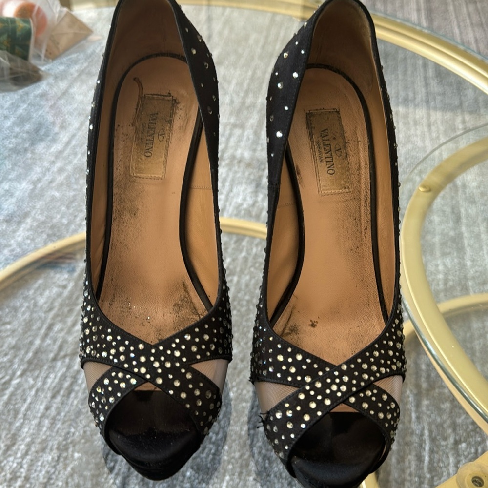 Used Valentino evening sequence studded satin heels